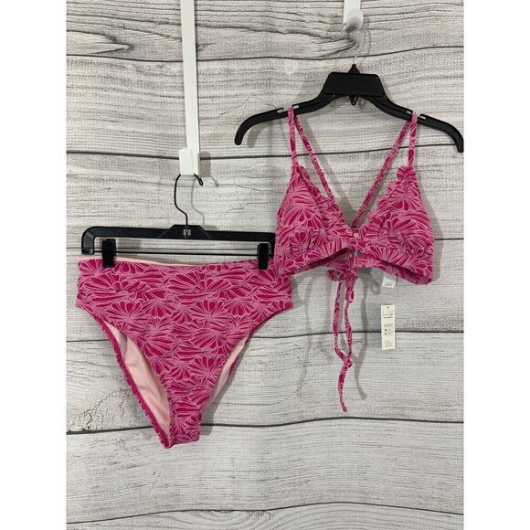 NWT Cupshe Women's Pink Floral Scalloped Bikini Top High Waist Bottom Large - Picture 1 of 3